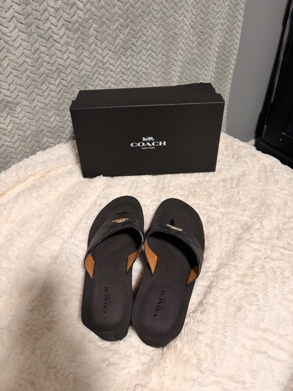 Coach Black Slide Sandals with Tan Accents and Logo Hardware